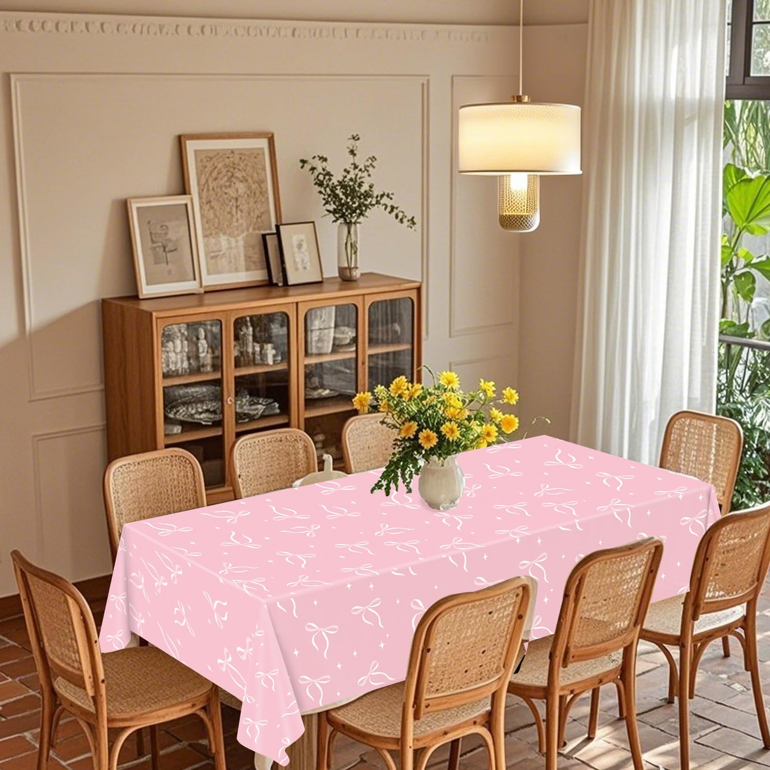 QIYANPAX 4 Pack Pink Bow Tablecloth – 54 x 108 in Coquette Birthday Decor