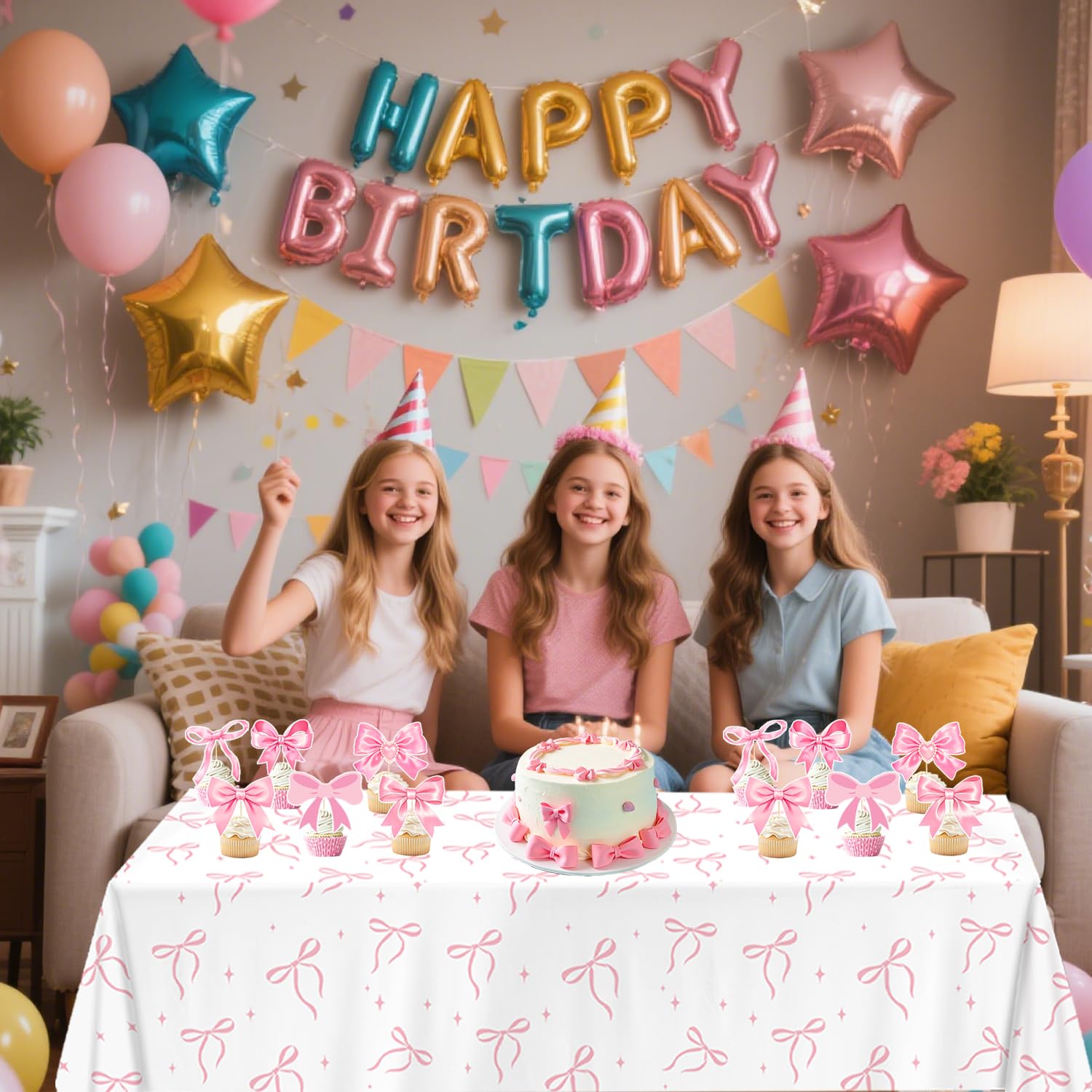 QIYANPAX 4 Pack Pink Bow Tablecloth – 54 x 108 in Coquette Birthday Decor