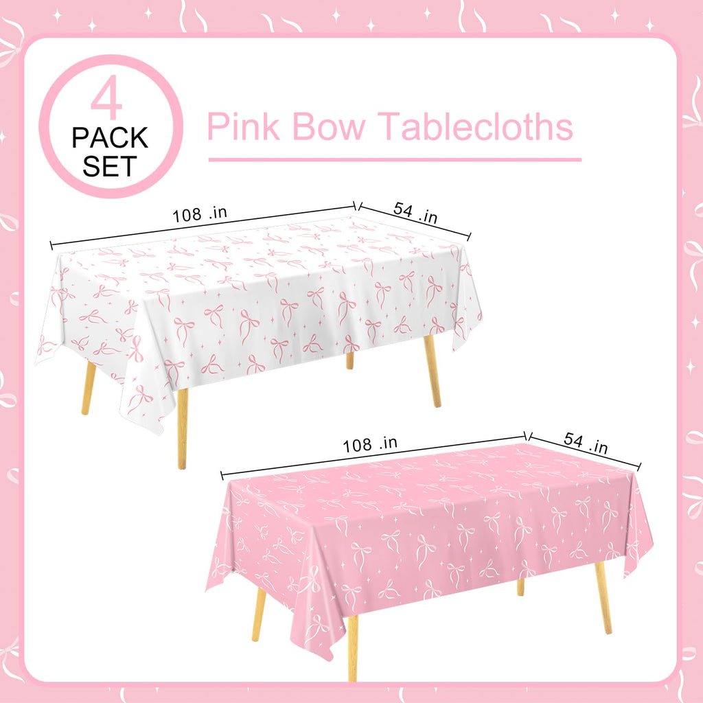 QIYANPAX 4 Pack Pink Bow Tablecloth – 54 x 108 in Coquette Birthday Decor