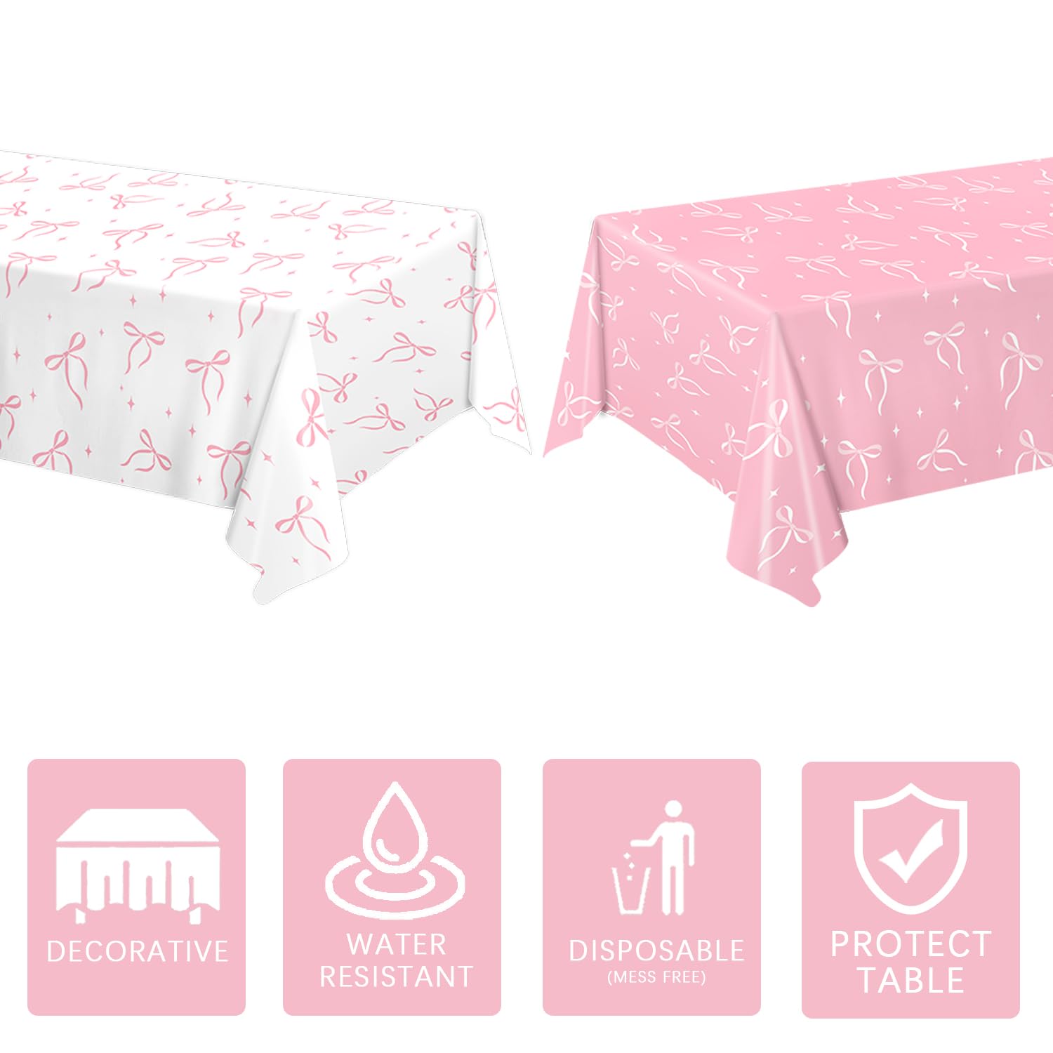 QIYANPAX 4 Pack Pink Bow Tablecloth – 54 x 108 in Coquette Birthday Decor
