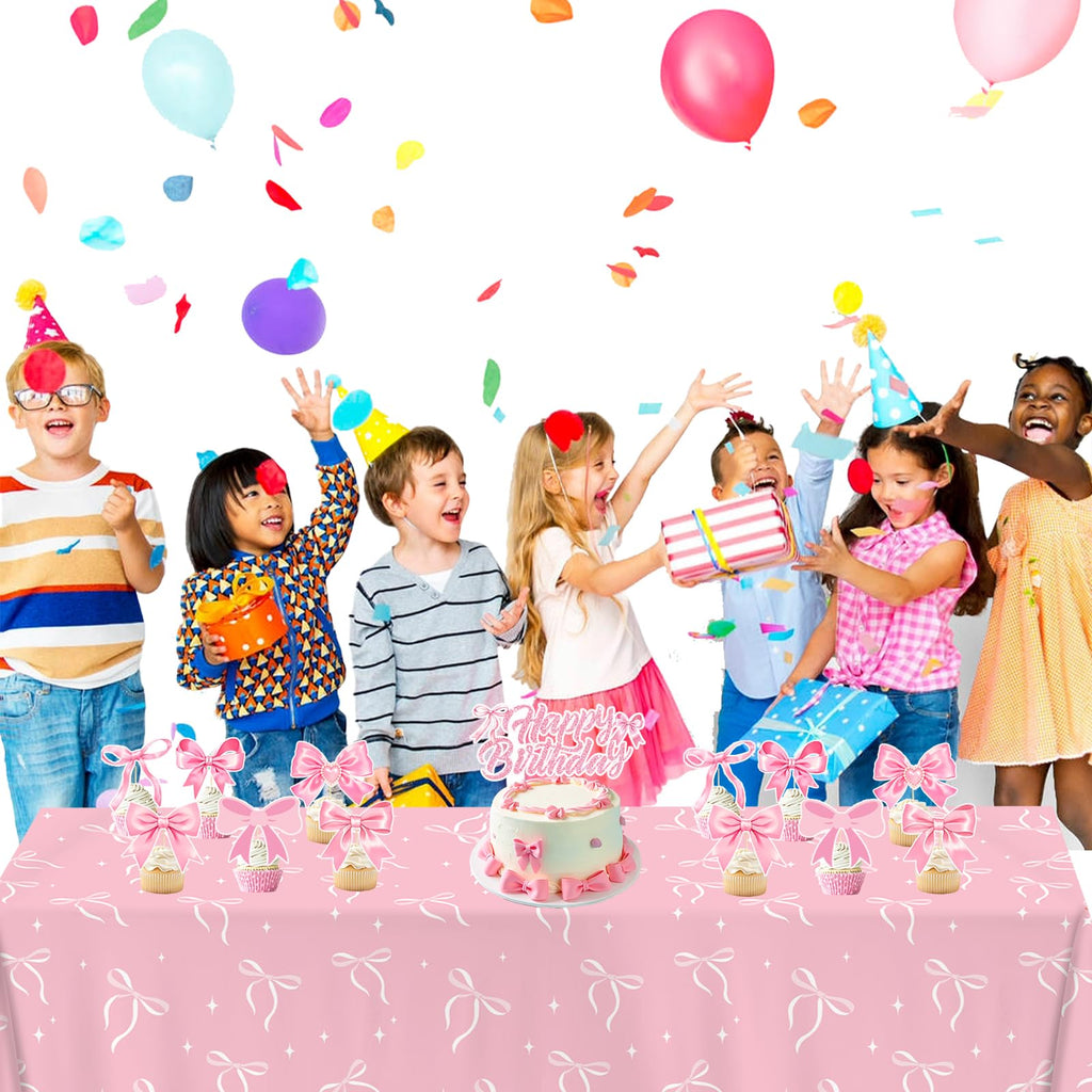 QIYANPAX 4 Pack Pink Bow Tablecloth – 54 x 108 in Coquette Birthday Decor