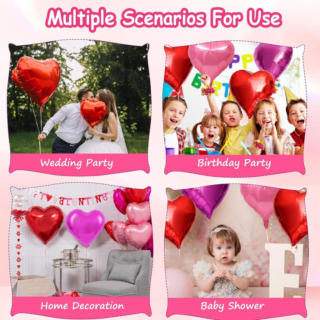 QianYa Heart Balloons 12 Pack – 18-Inch Foil Hearts in Pink, Magenta & Red with Ribbon & Straw