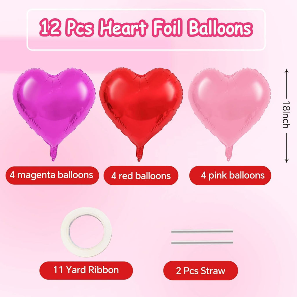 QianYa Heart Balloons 12 Pack – 18-Inch Foil Hearts in Pink, Magenta & Red with Ribbon & Straw