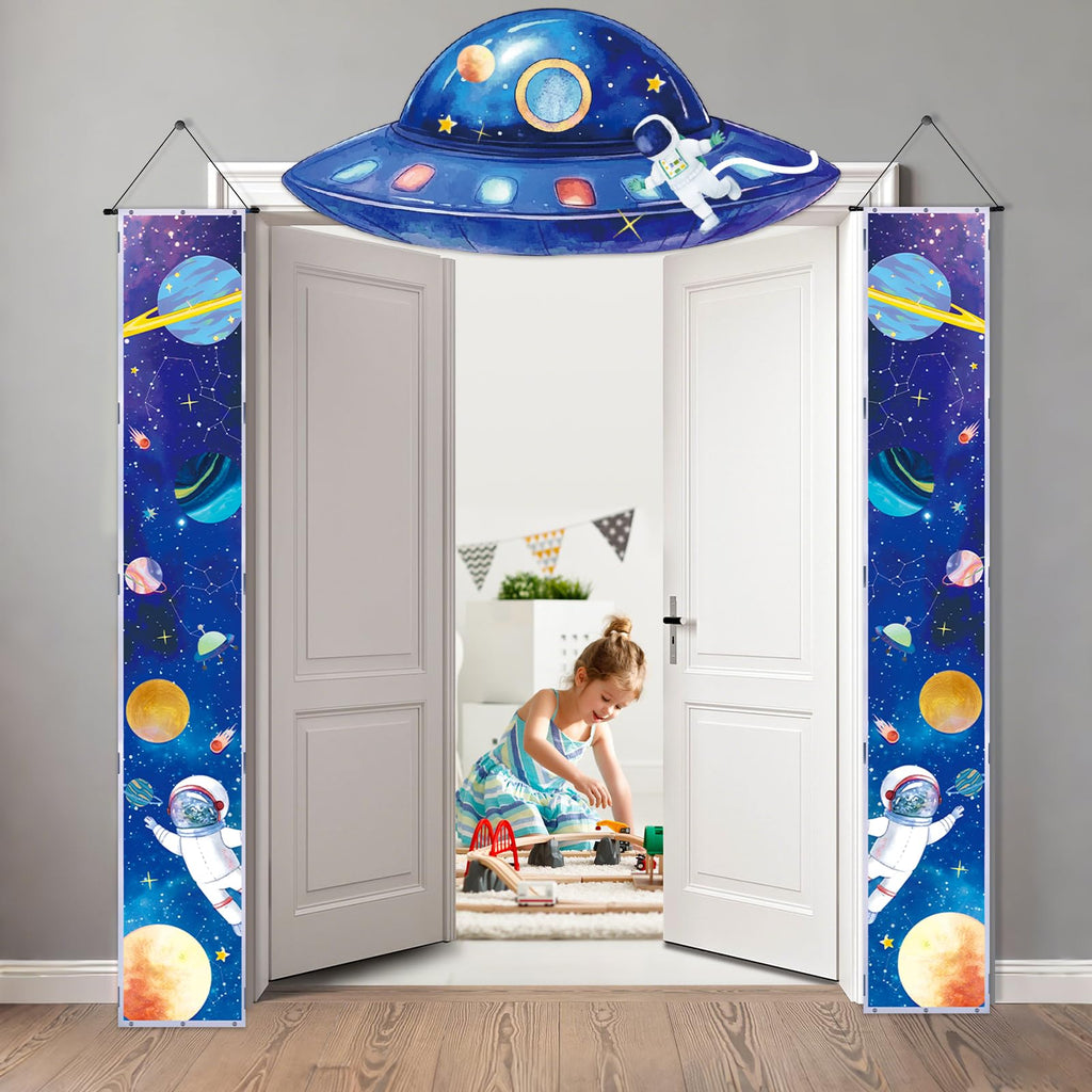 QICI 3-Piece Outer Space Porch Sign Banner — Astronaut Rocket Theme Decor for Classroom, Bedroom, and Party