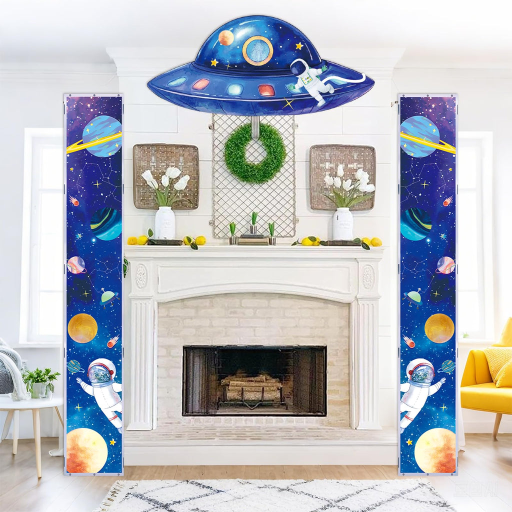QICI 3-Piece Outer Space Porch Sign Banner — Astronaut Rocket Theme Decor for Classroom, Bedroom, and Party