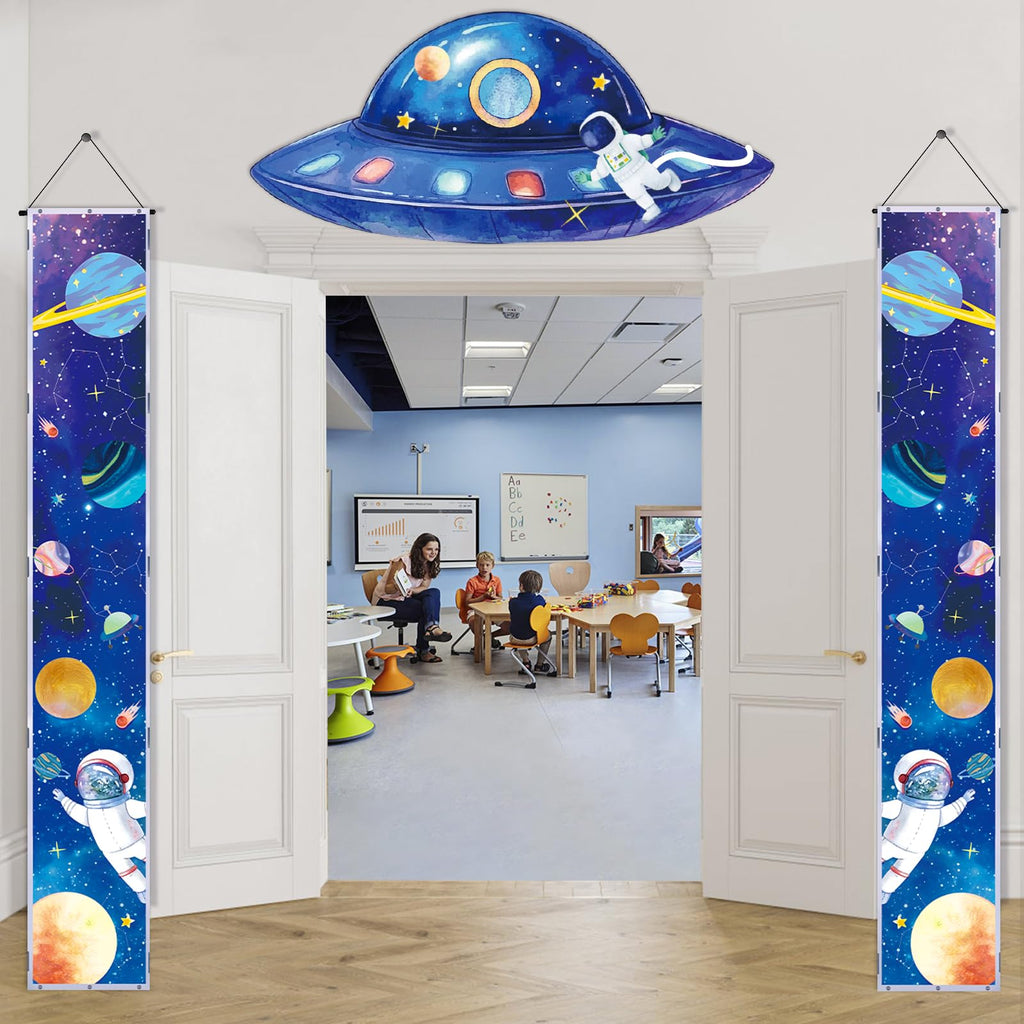 QICI 3-Piece Outer Space Porch Sign Banner — Astronaut Rocket Theme Decor for Classroom, Bedroom, and Party
