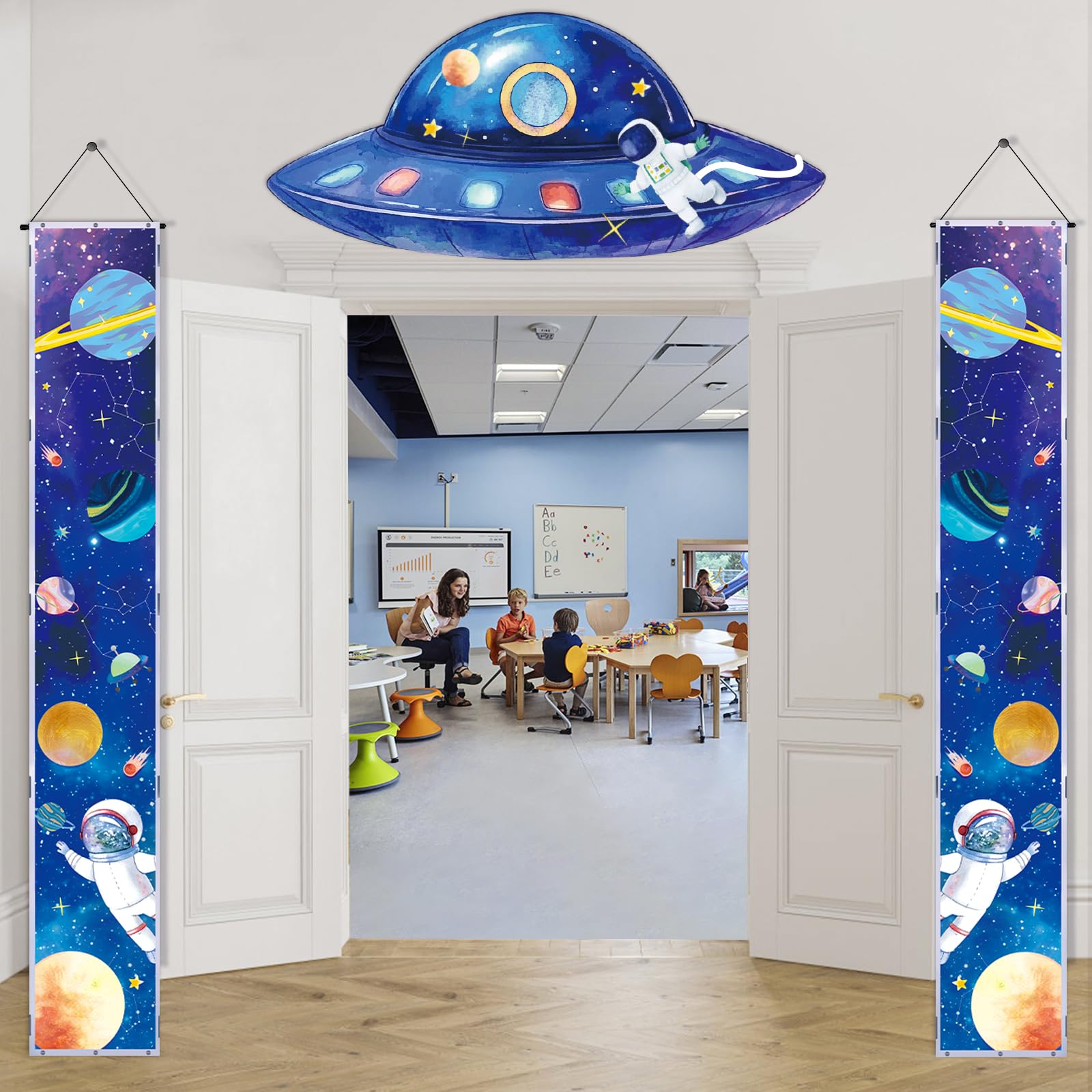 QICI 3-Piece Outer Space Porch Sign Banner — Astronaut Rocket Theme Decor for Classroom, Bedroom, and Party