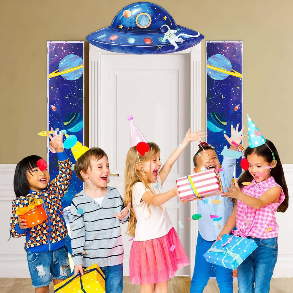 QICI 3-Piece Outer Space Porch Sign Banner — Astronaut Rocket Theme Decor for Classroom, Bedroom, and Party