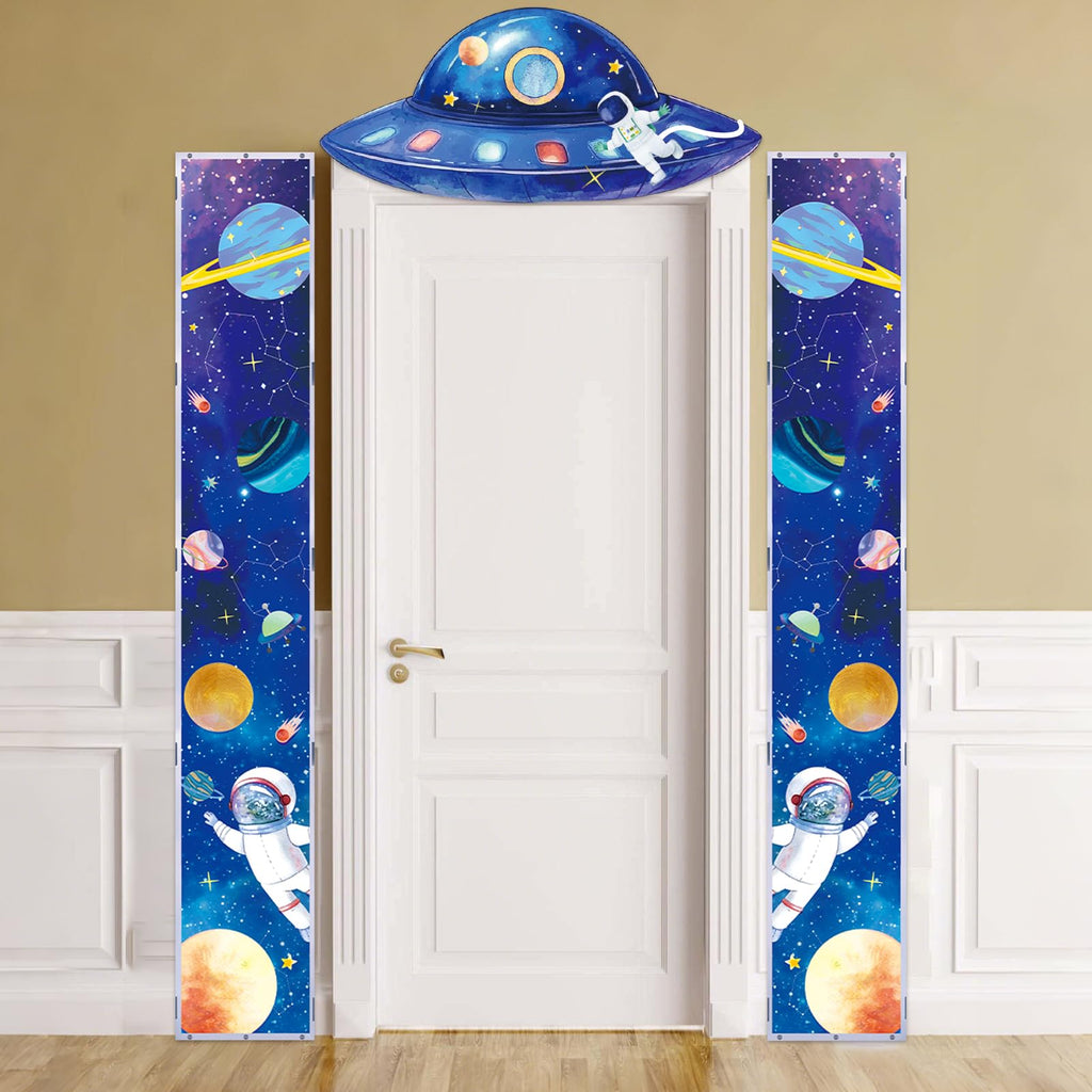 QICI 3-Piece Outer Space Porch Sign Banner — Astronaut Rocket Theme Decor for Classroom, Bedroom, and Party