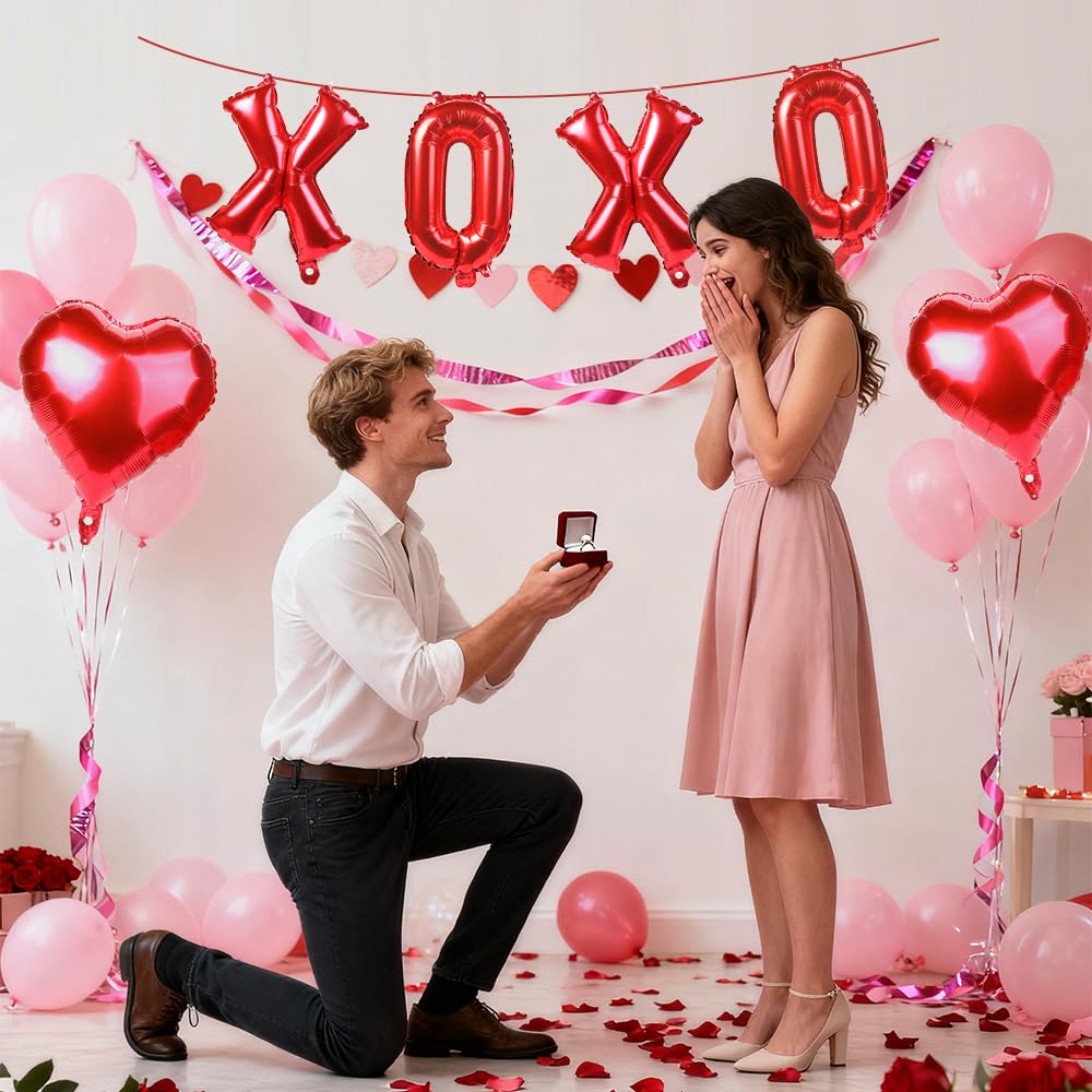 QIHOMPIB 16-Inch Red XOXO Letter Balloons & Red Heart Foil Balloons for Valentines Decor