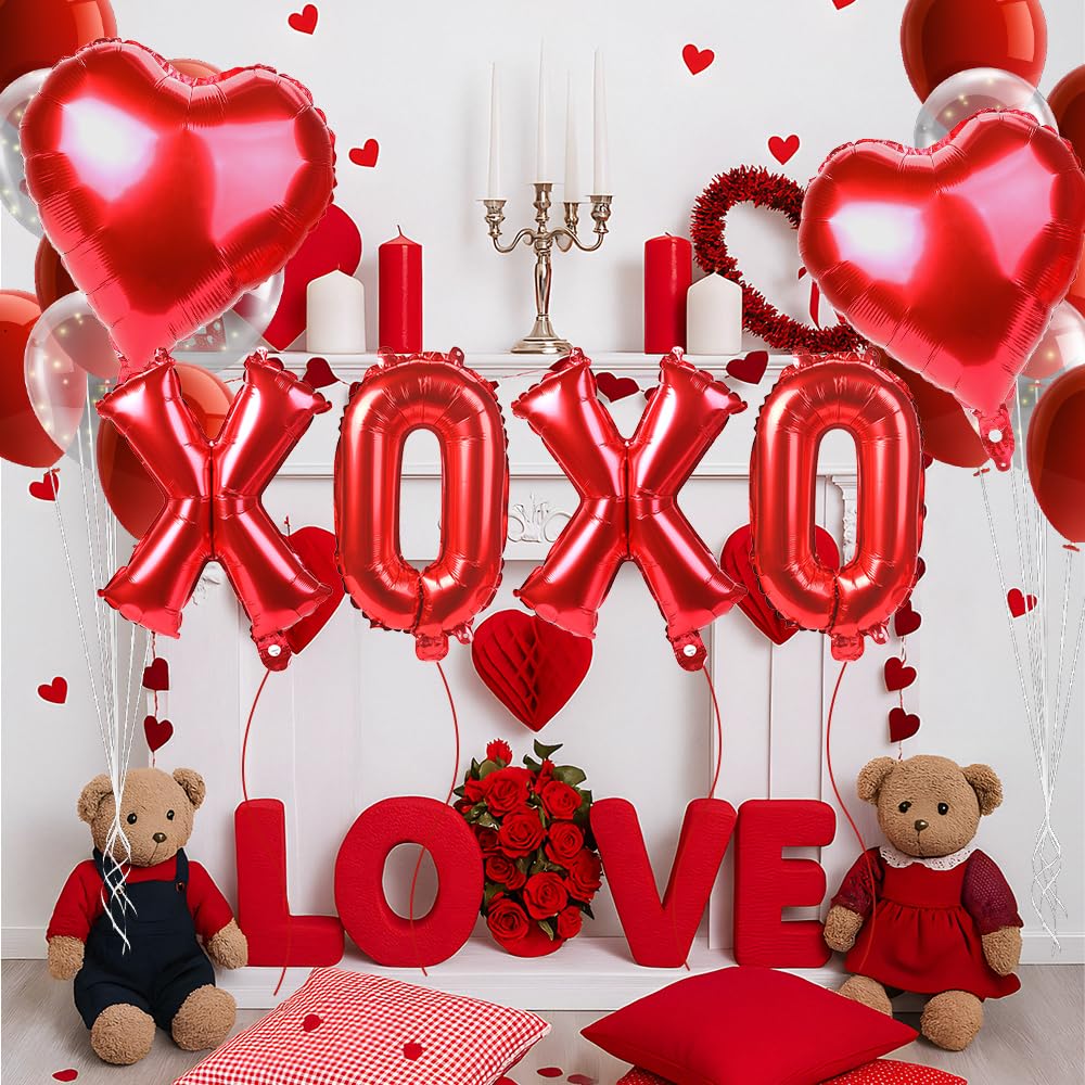 QIHOMPIB 16-Inch Red XOXO Letter Balloons & Red Heart Foil Balloons for Valentines Decor