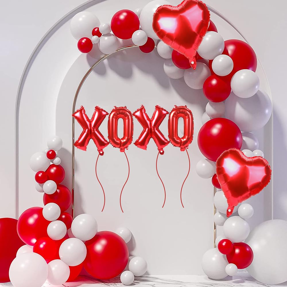 QIHOMPIB 16-Inch Red XOXO Letter Balloons & Red Heart Foil Balloons for Valentines Decor