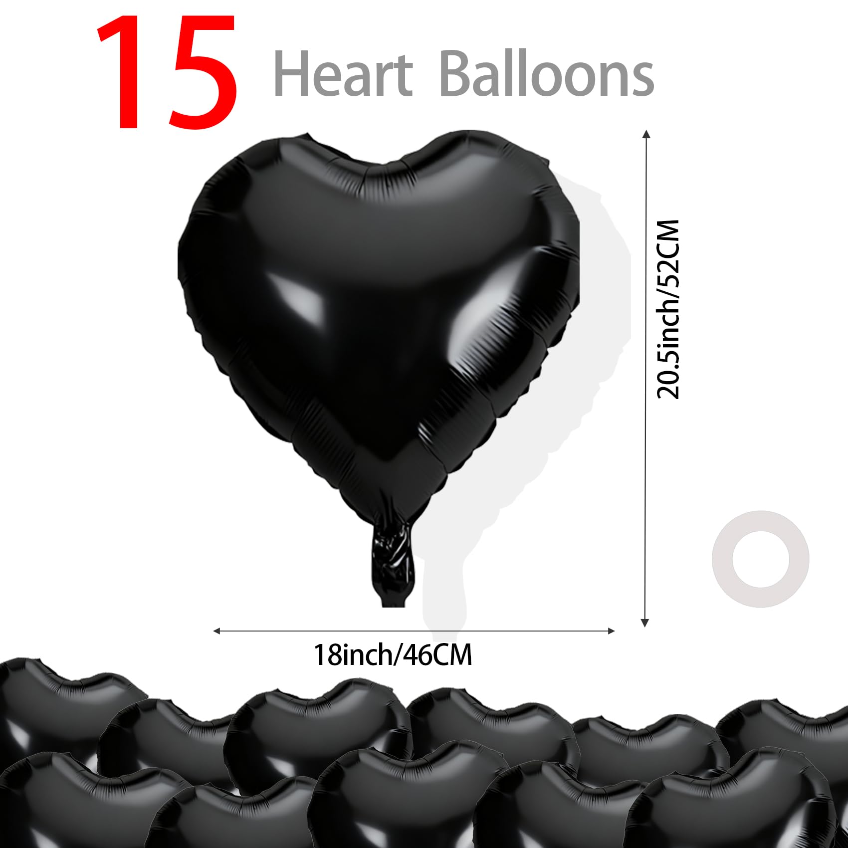 QIHOMPIB 15-Piece Black Heart Foil Balloons, 18-Inch — Valentine Decor