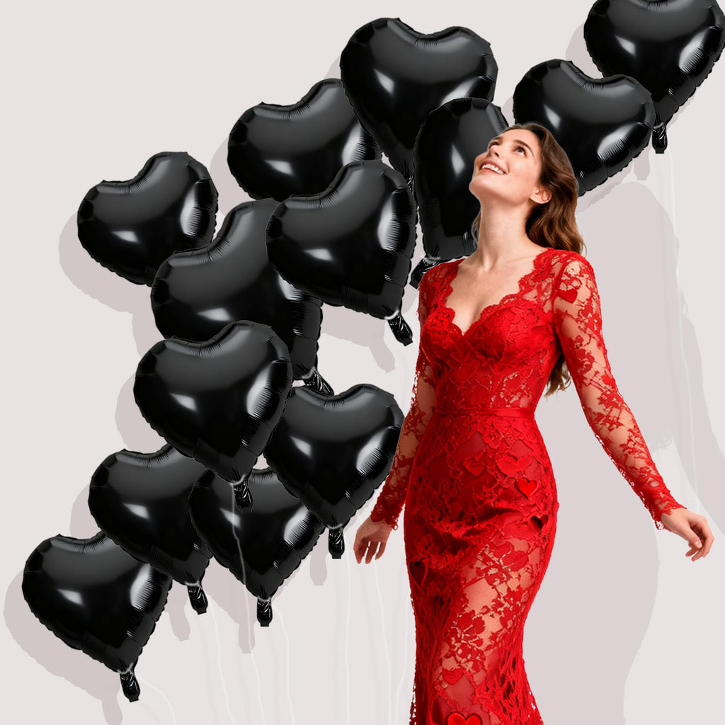 QIHOMPIB 15-Piece Black Heart Foil Balloons, 18-Inch — Valentine Decor