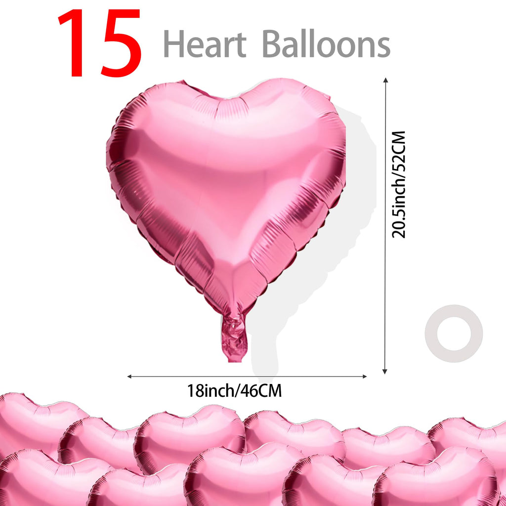 QIHOMPIB 15 Pink Heart Foil Balloons – 18in Valentine’s Day Decorations