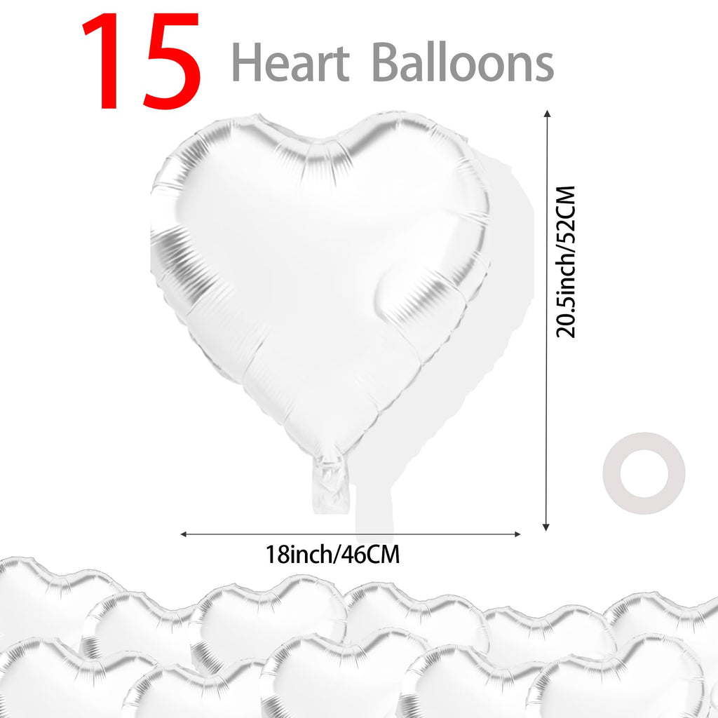 QIHOMPIB 15 PCS White Heart Balloons – 18 in Foil Valentines Decorations