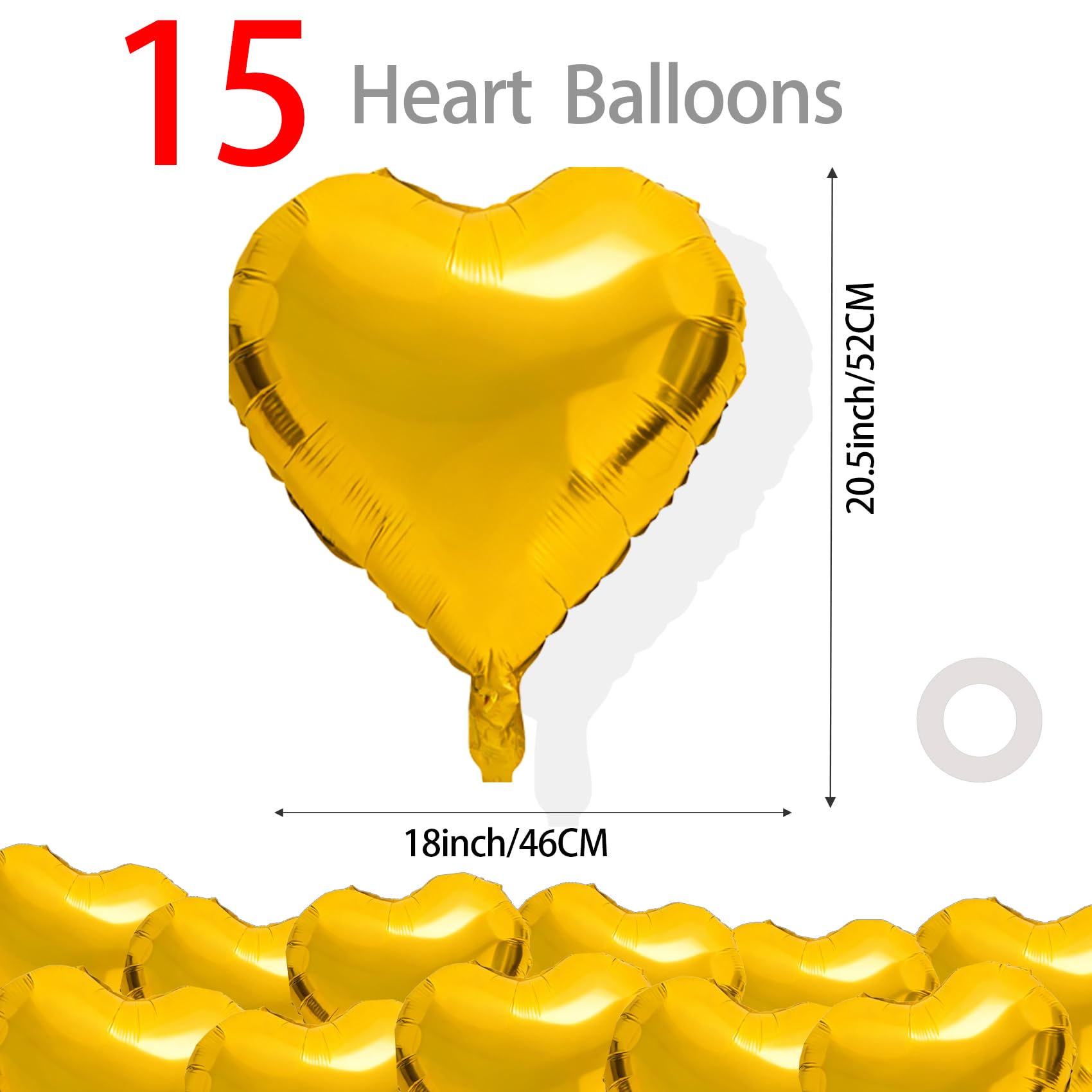 QIHOMPIB 15 Pcs Gold Heart Balloons – 18-Inch Foil Hearts for Valentines & Occasions