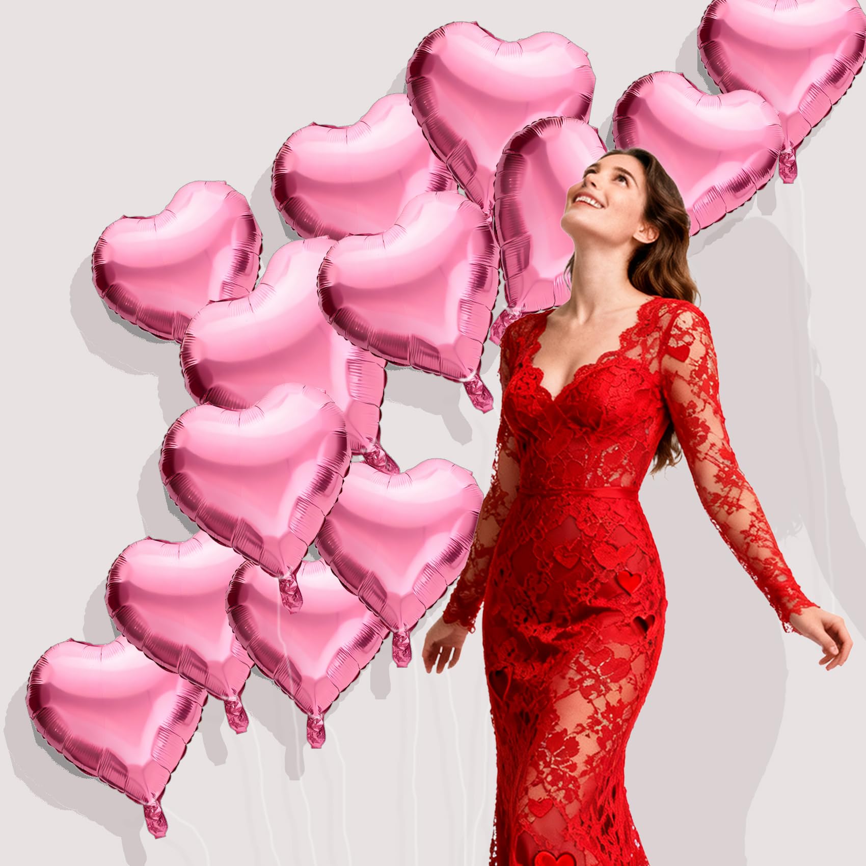 QIHOMPIB 15 Pink Heart Foil Balloons – 18in Valentine’s Day Decorations