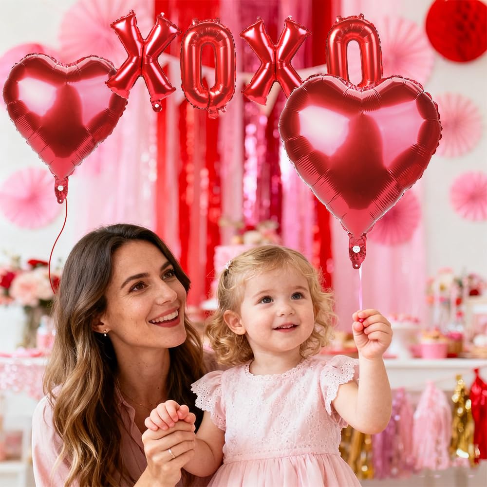 QIHOMPIB 16-Inch Red XOXO Letter Balloons & Red Heart Foil Balloons for Valentines Decor