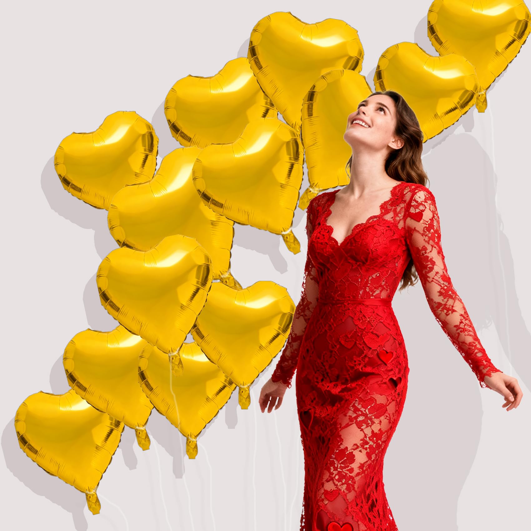 QIHOMPIB 15 Pcs Gold Heart Balloons – 18-Inch Foil Hearts for Valentines & Occasions