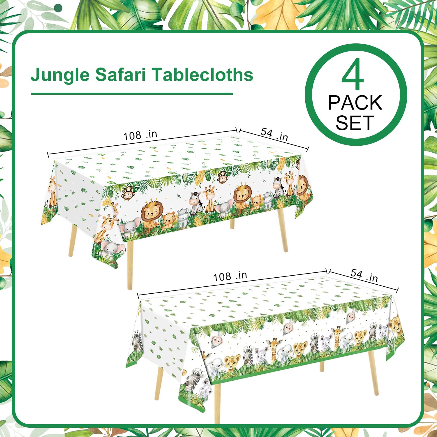 QIYANPAX 4 Pack Jungle Safari Tablecloths – Sage Green 54×108 in