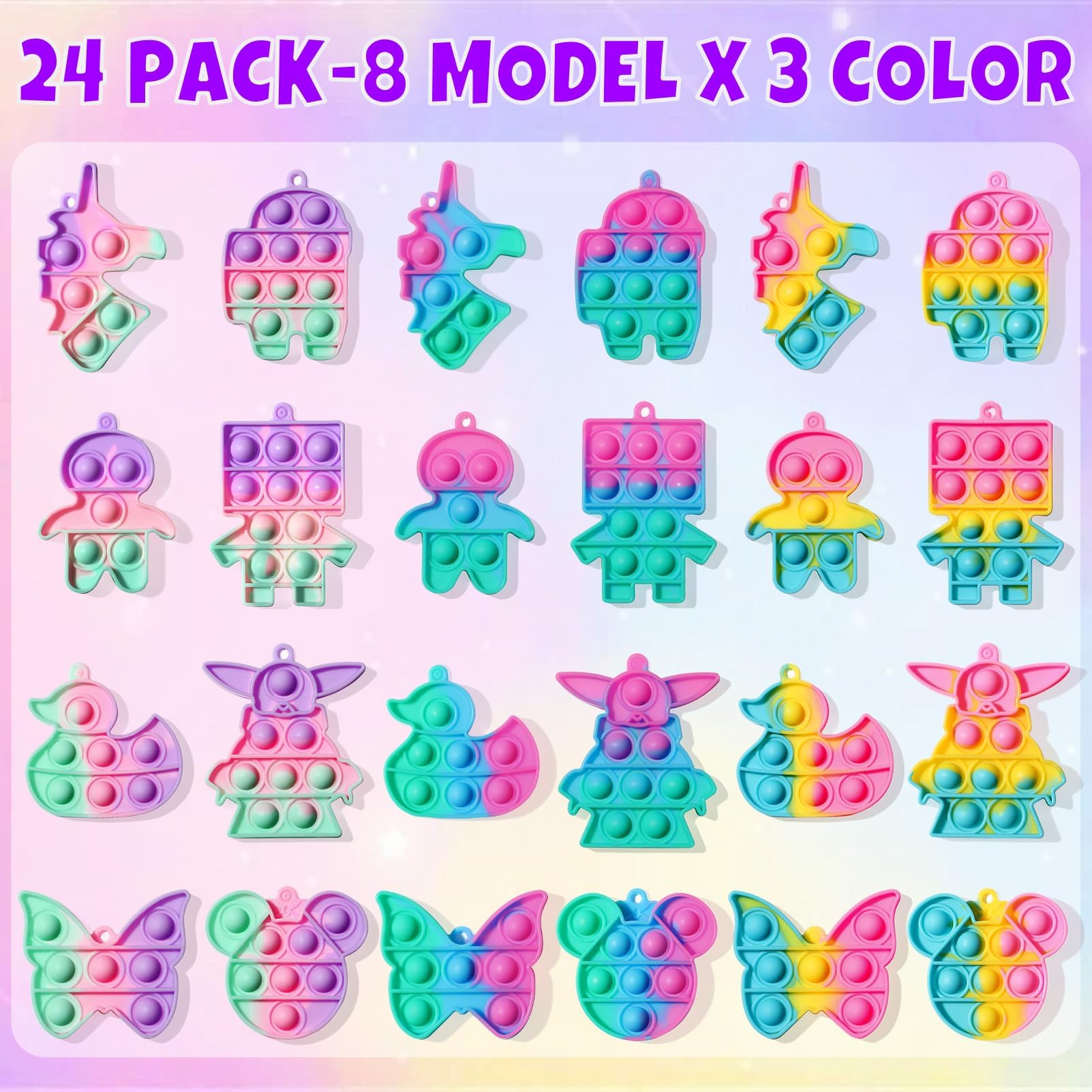 Qinline 24 Pack Unicorn Pop Fidget Toys with Gift Cards – Easter Kids Party Favors