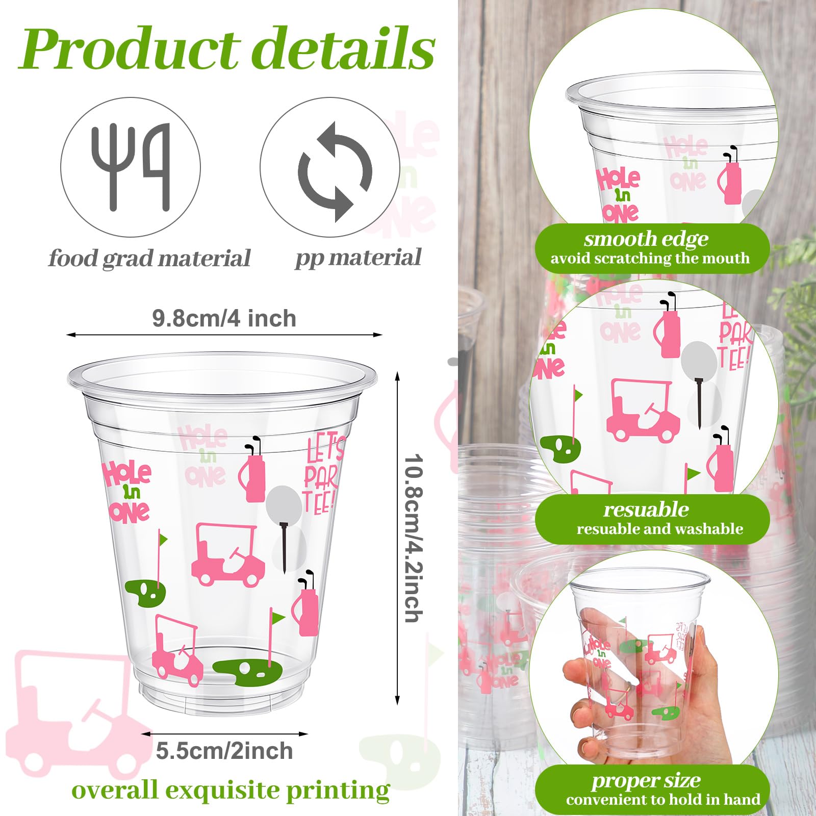 Qinyoung Masters Golf Party Cups 50-Pack | 12oz Pink Clear Disposable Cups