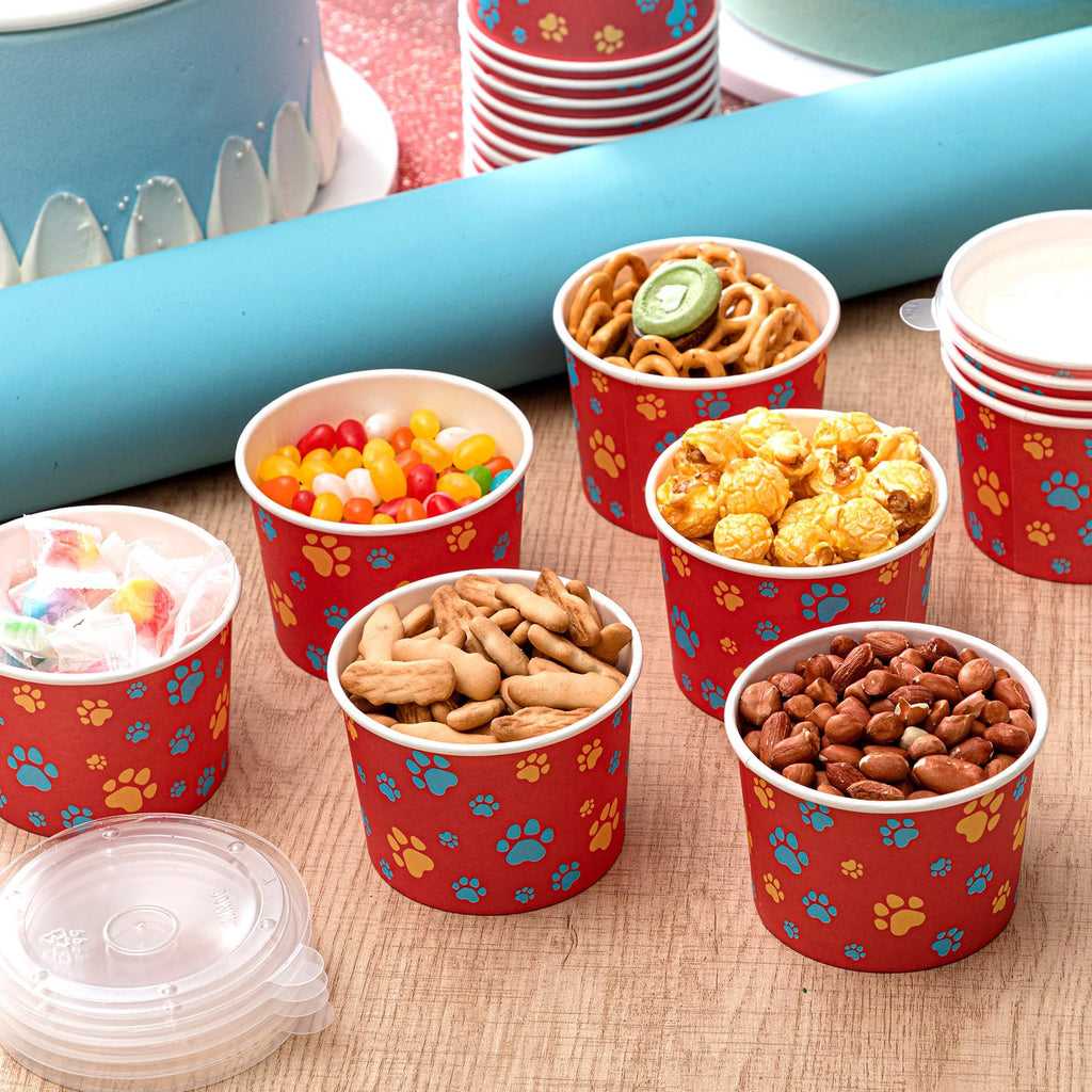 Qinyoung 24-Pack 8 oz Paw Print Ice Cream Cups with Lids – Red Dog Party Bowls