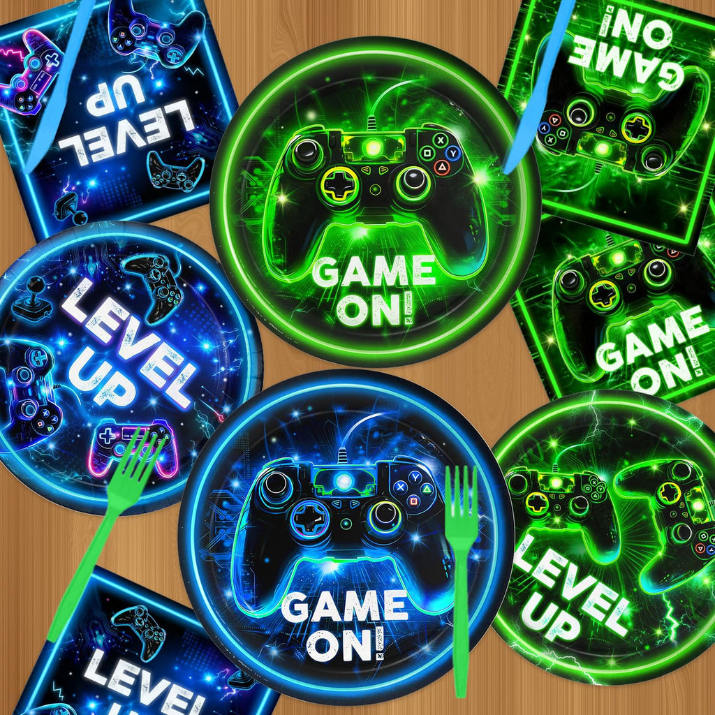 QIYANPAX Neon Level Up Video Game Tableware – 24-Piece Party Set for Gamer Birthday (Plates, Napkins, Forks, Tablecloths)