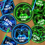 QIYANPAX Neon Level Up Video Game Tableware – 24-Piece Party Set for Gamer Birthday (Plates, Napkins, Forks, Tablecloths)