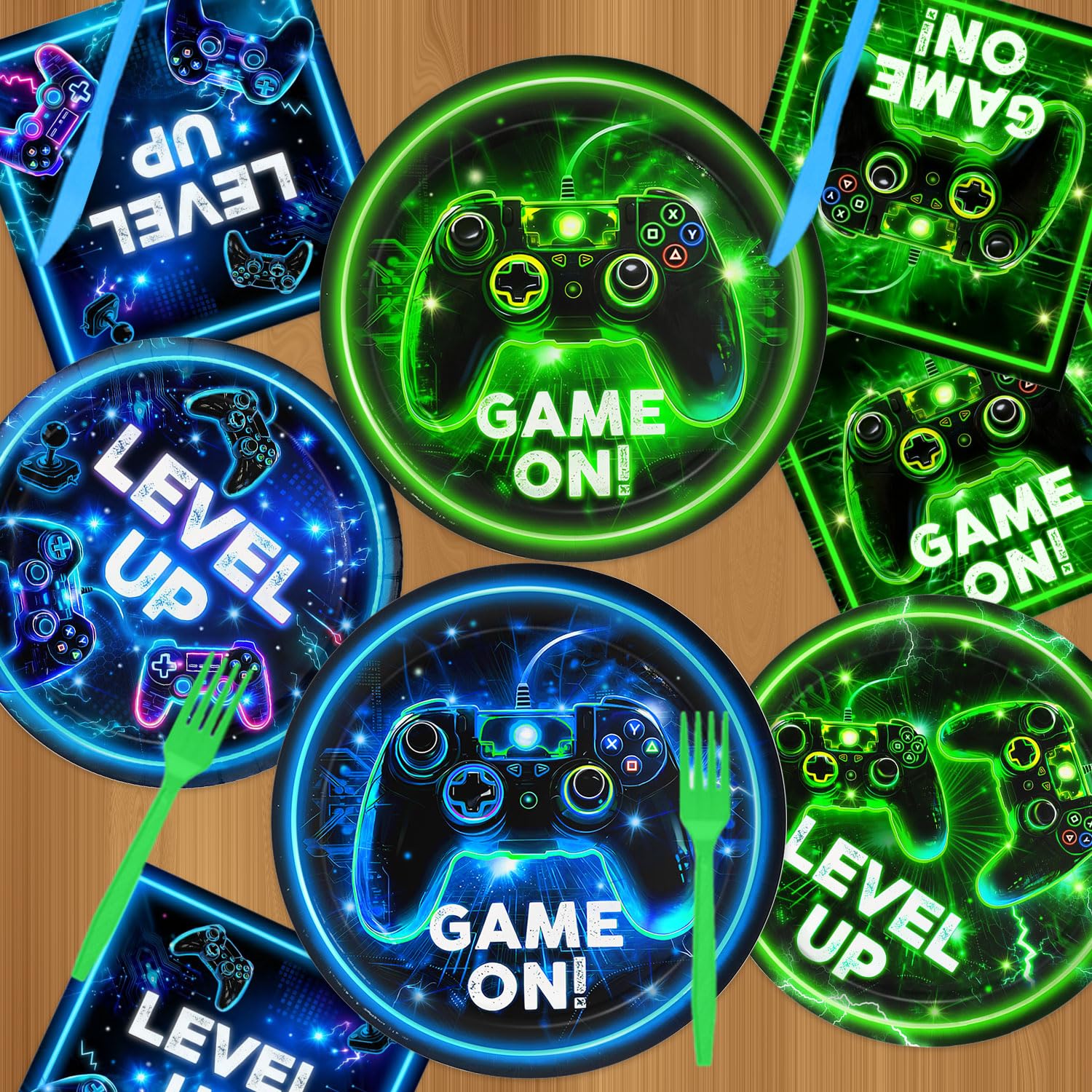 QIYANPAX Neon Level Up Video Game Tableware – 24-Piece Party Set for Gamer Birthday (Plates, Napkins, Forks, Tablecloths)