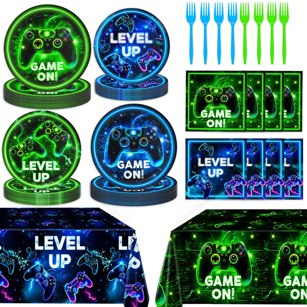 QIYANPAX Neon Level Up Video Game Tableware – 24-Piece Party Set for Gamer Birthday (Plates, Napkins, Forks, Tablecloths)