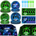 QIYANPAX Neon Level Up Video Game Tableware – 24-Piece Party Set for Gamer Birthday (Plates, Napkins, Forks, Tablecloths)