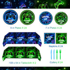 QIYANPAX Neon Level Up Video Game Tableware – 24-Piece Party Set for Gamer Birthday (Plates, Napkins, Forks, Tablecloths)
