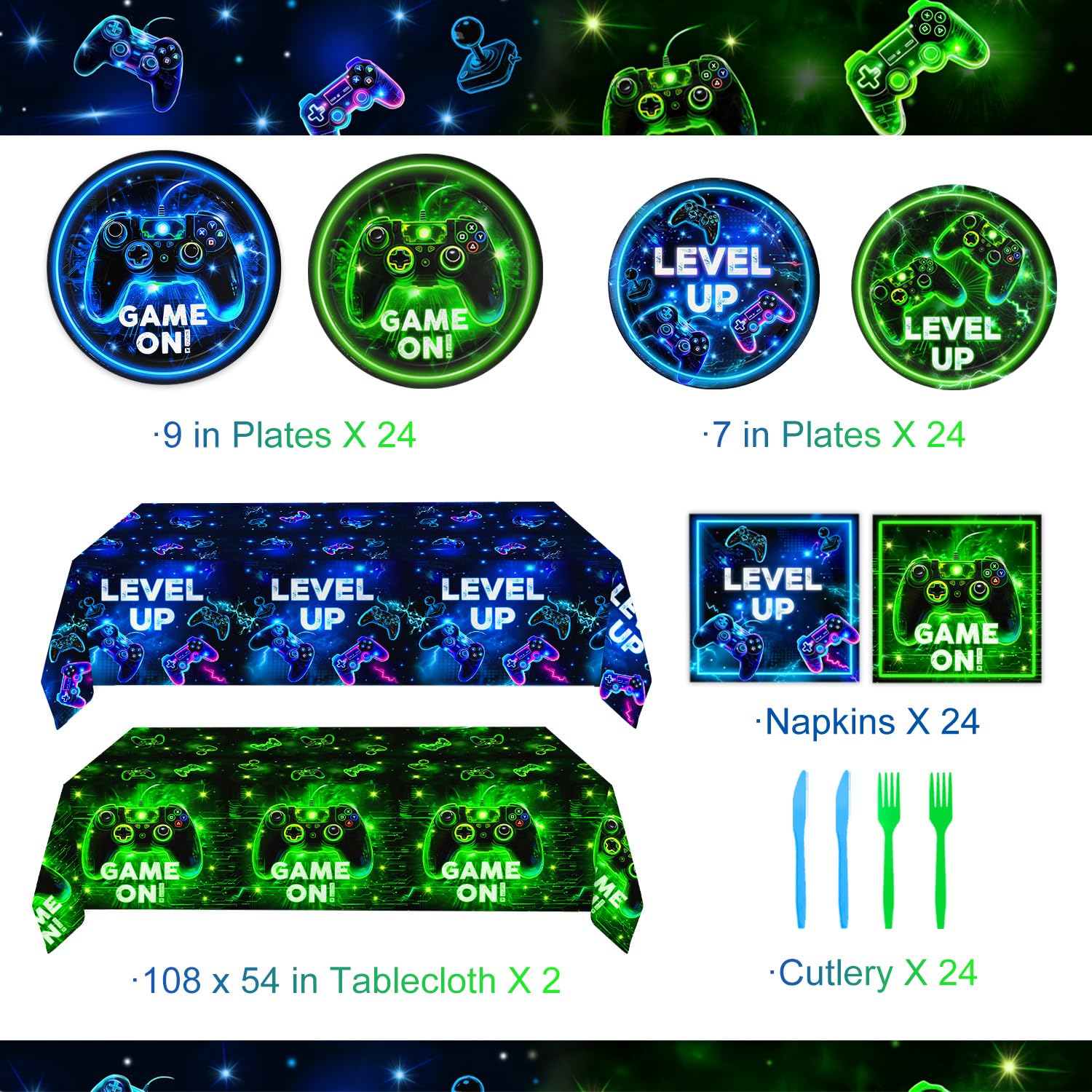 QIYANPAX Neon Level Up Video Game Tableware – 24-Piece Party Set for Gamer Birthday (Plates, Napkins, Forks, Tablecloths)