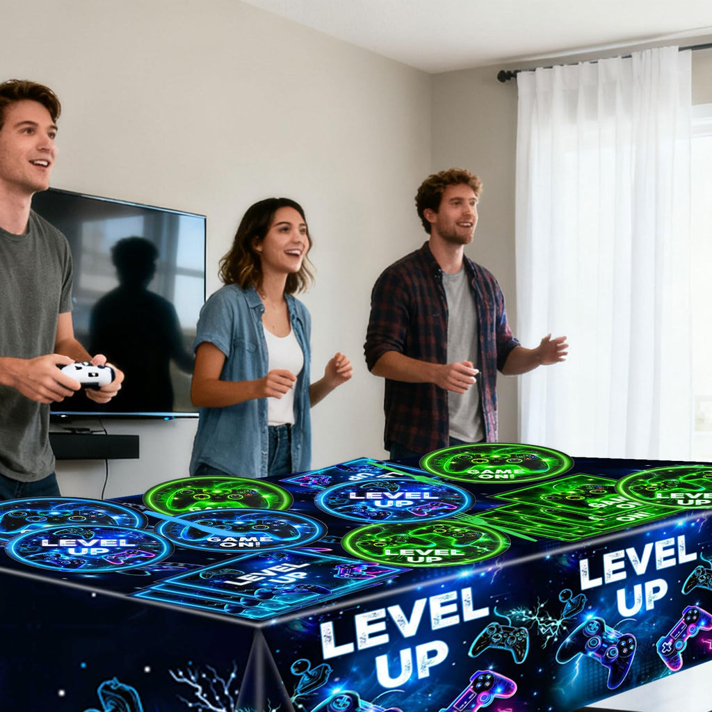 QIYANPAX Neon Level Up Video Game Tableware – 24-Piece Party Set for Gamer Birthday (Plates, Napkins, Forks, Tablecloths)