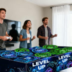 QIYANPAX Neon Level Up Video Game Tableware – 24-Piece Party Set for Gamer Birthday (Plates, Napkins, Forks, Tablecloths)