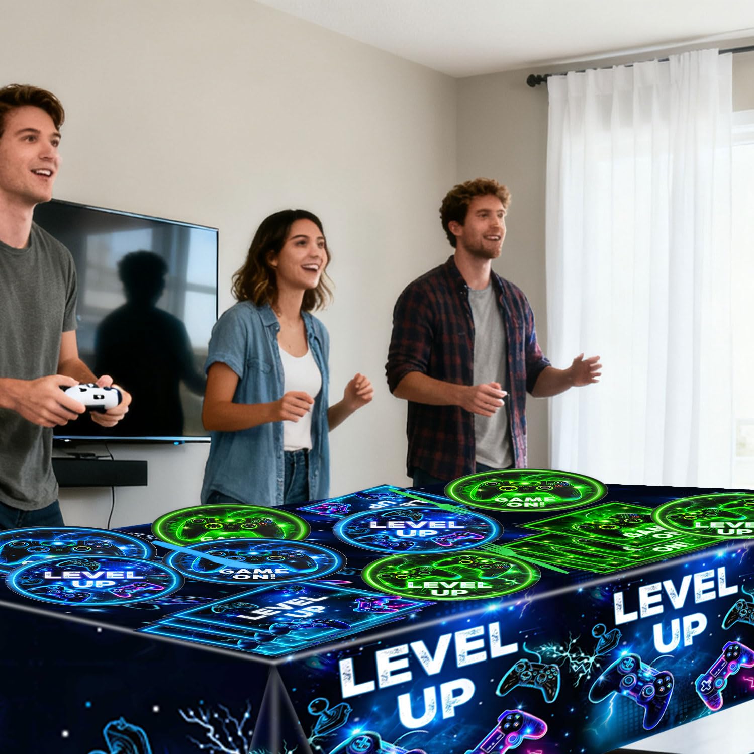 QIYANPAX Neon Level Up Video Game Tableware – 24-Piece Party Set for Gamer Birthday (Plates, Napkins, Forks, Tablecloths)
