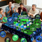 QIYANPAX Neon Level Up Video Game Tableware – 24-Piece Party Set for Gamer Birthday (Plates, Napkins, Forks, Tablecloths)