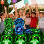 QIYANPAX Neon Level Up Video Game Tableware – 24-Piece Party Set for Gamer Birthday (Plates, Napkins, Forks, Tablecloths)