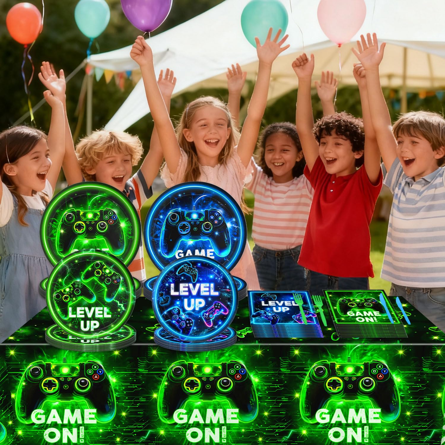 QIYANPAX Neon Level Up Video Game Tableware – 24-Piece Party Set for Gamer Birthday (Plates, Napkins, Forks, Tablecloths)