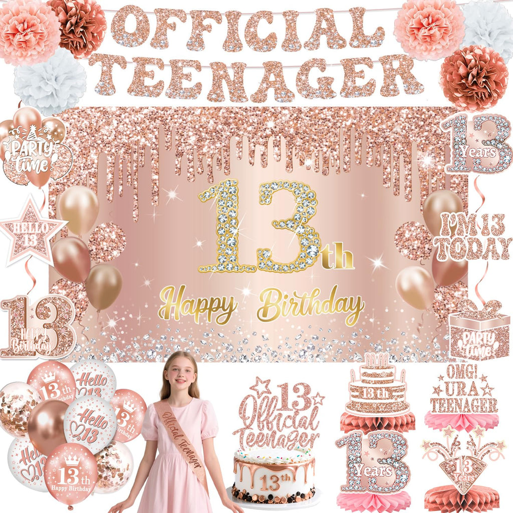 QIYANPAX 13th Birthday Decorations for Girls – Rose Gold 53-Piece Party Kit with Backdrop, Banner, Sash & Balloons