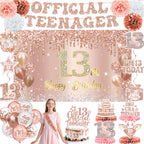 QIYANPAX 13th Birthday Decorations for Girls – Rose Gold 53-Piece Party Kit with Backdrop, Banner, Sash & Balloons