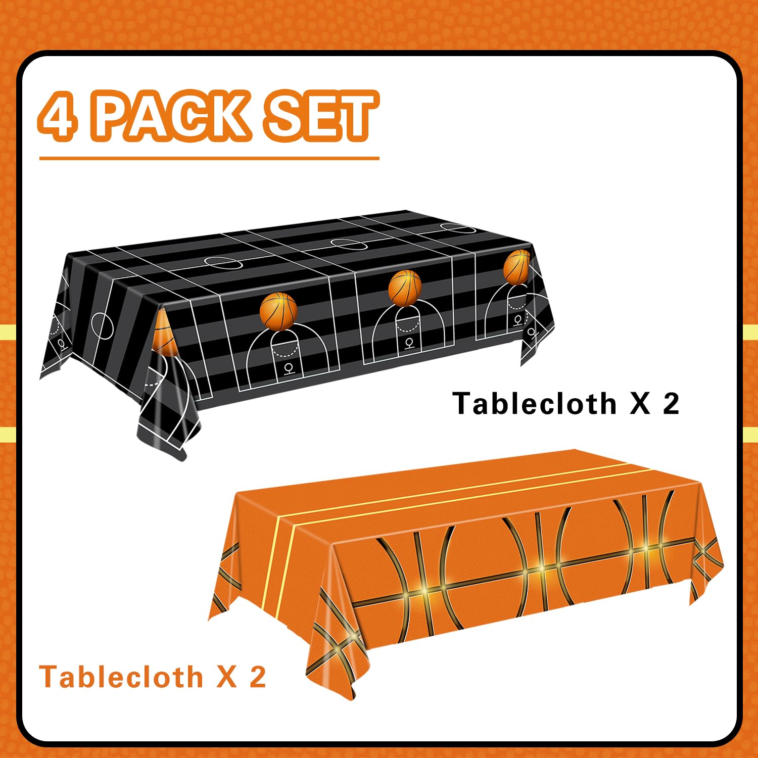 QIYANPAX 4-Piece Basketball Tablecloth Set — 54 x 108 in Plastic Table Covers for Parties
