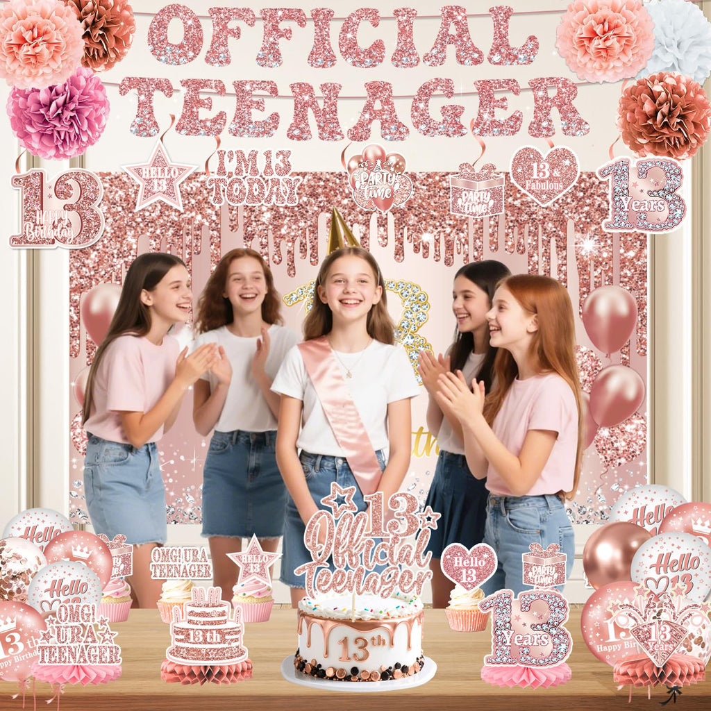 QIYANPAX 13th Birthday Decorations for Girls – Rose Gold 53-Piece Party Kit with Backdrop, Banner, Sash & Balloons