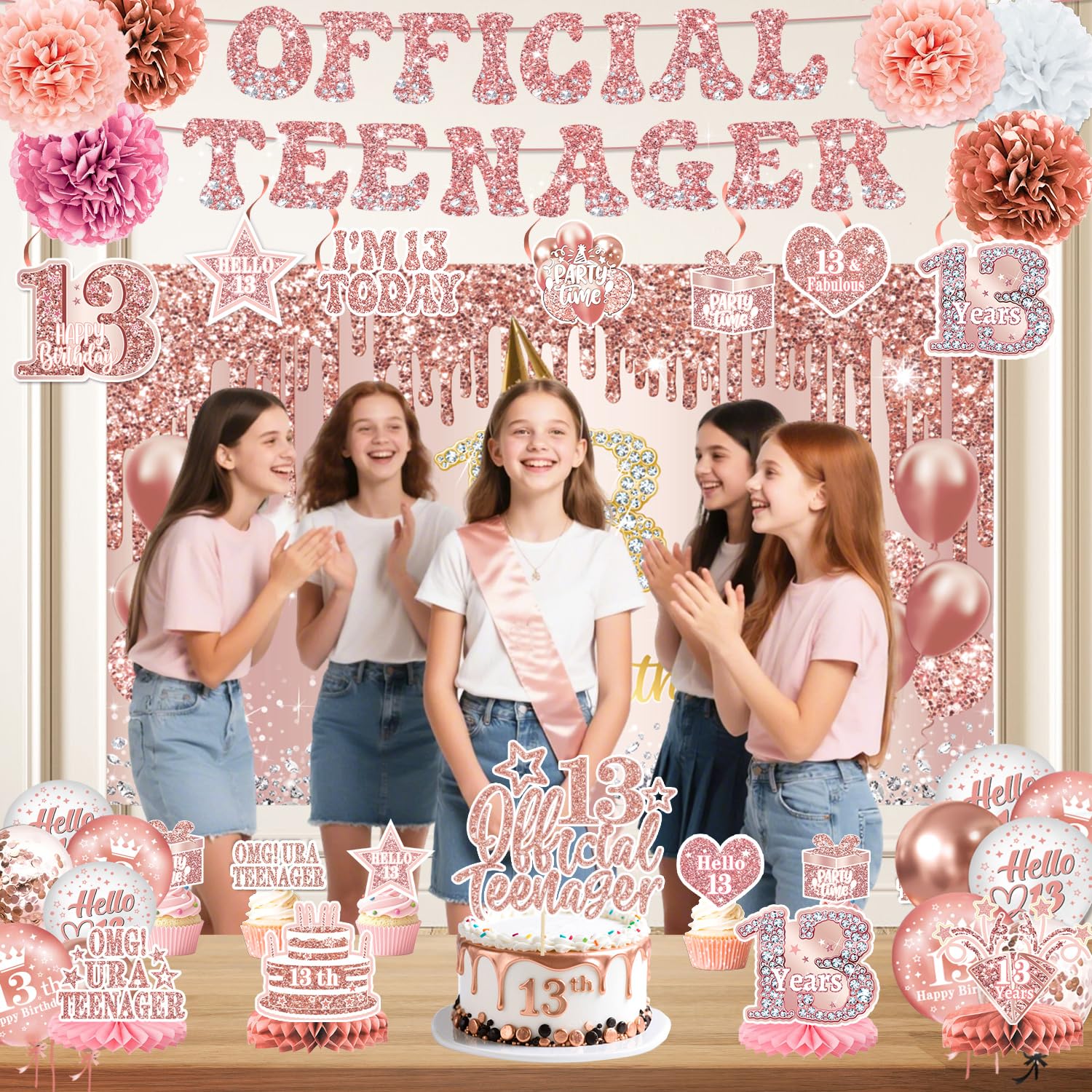 QIYANPAX 13th Birthday Decorations for Girls – Rose Gold 53-Piece Party Kit with Backdrop, Banner, Sash & Balloons