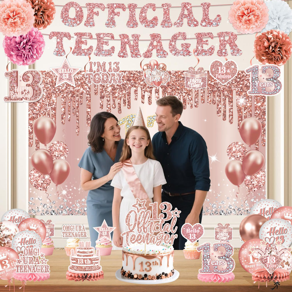 QIYANPAX 13th Birthday Decorations for Girls – Rose Gold 53-Piece Party Kit with Backdrop, Banner, Sash & Balloons