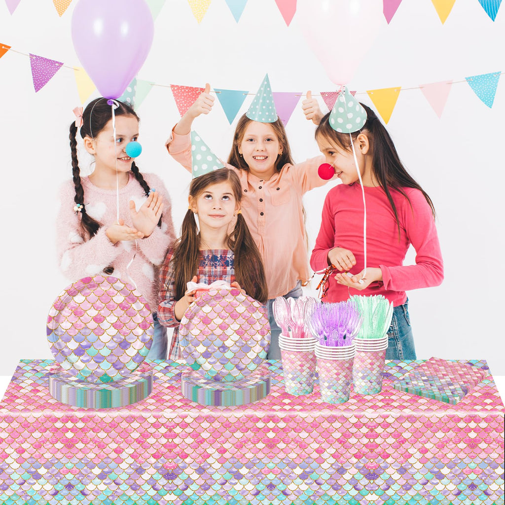 QIYANPAX Mermaid Birthday Decorations – 168Pcs Party Set (Plates, Cups, Napkins, Cutlery) Serves 24