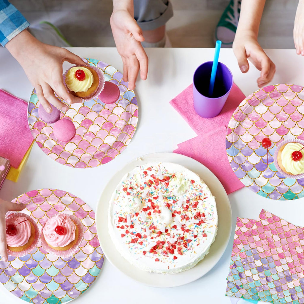 QIYANPAX Mermaid Birthday Decorations – 168Pcs Party Set (Plates, Cups, Napkins, Cutlery) Serves 24