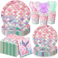 QIYANPAX Mermaid Birthday Decorations – 168Pcs Party Set (Plates, Cups, Napkins, Cutlery) Serves 24